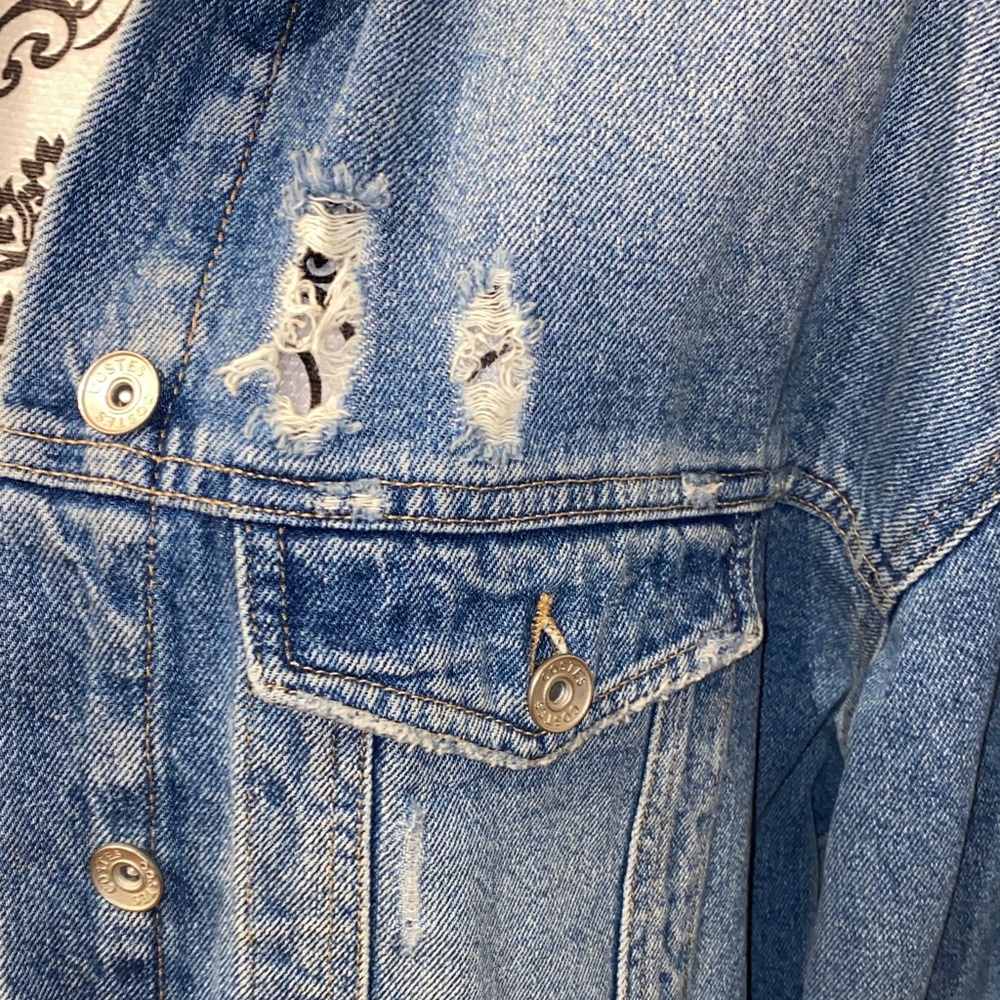 New! COSTES Blue European Made Long Distressed Denim Jacket for Women Size Large - Picture 7 of 16